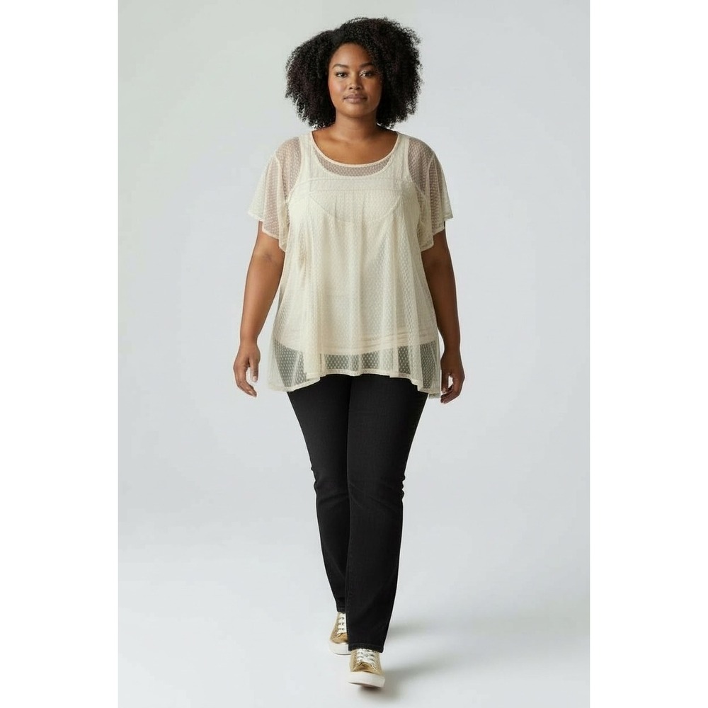 Lane Bryant Cream Dot Mesh Overlay Tank Top Plus‎ Size 26 28 Sheer Tunic
